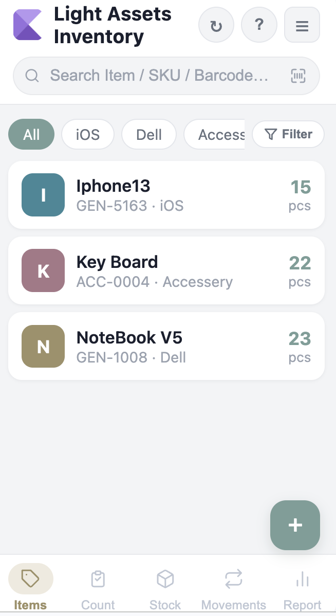 Light Assets Inventory — items list