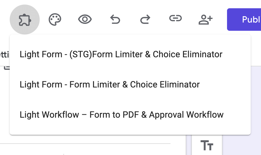 Opening the Add-ons puzzle menu in Google Forms and choosing Light Form