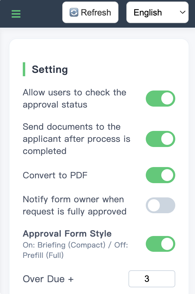 The Setting panel in Light Workflow, where you fine-tune how each approval behaves.