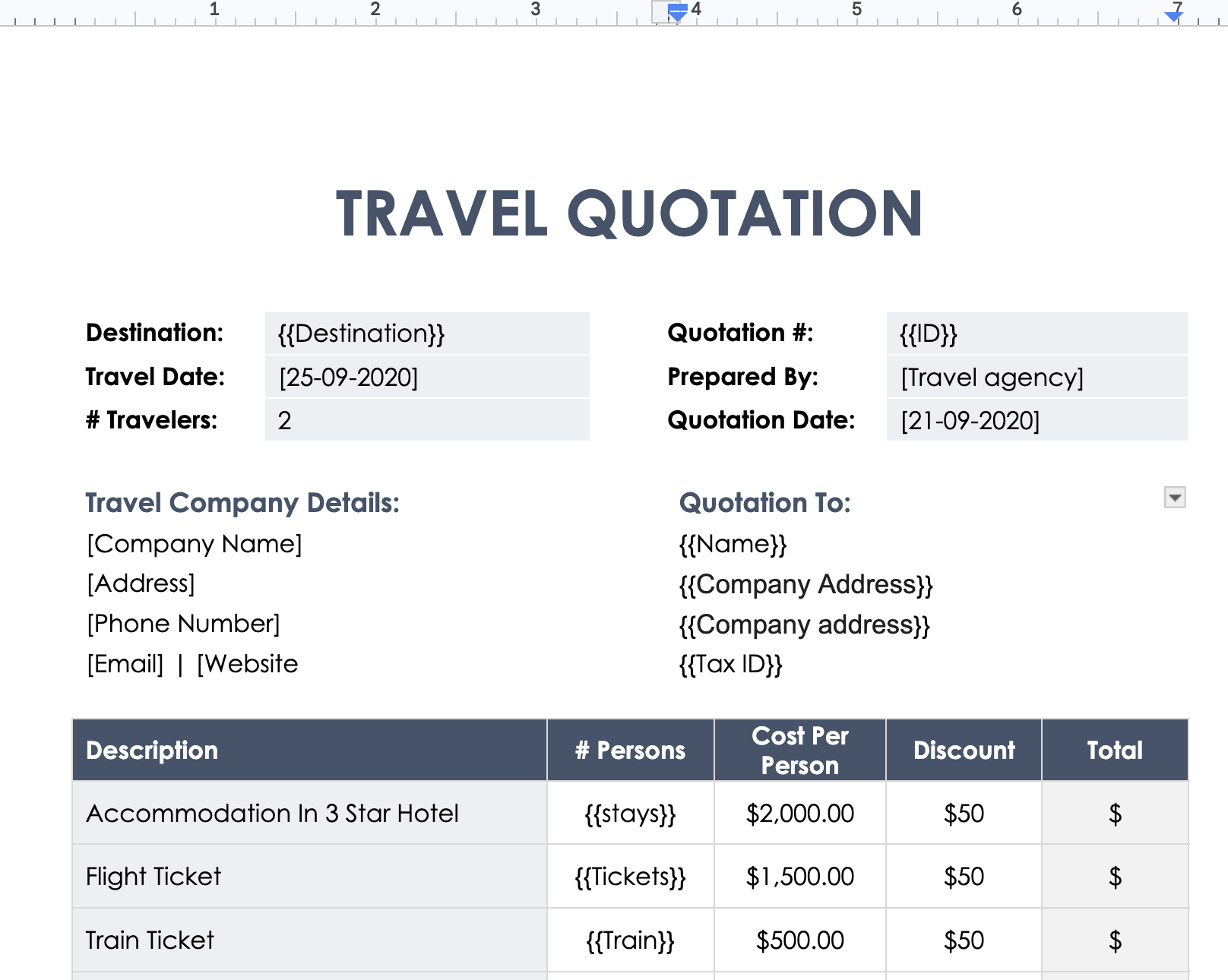 A Google Docs quotation template with merge tags that Light Workflow fills in on approval